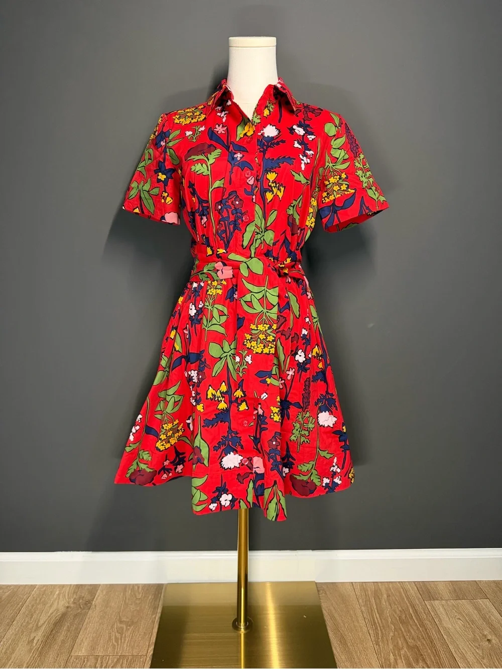 Kate Spade New York Red Floral Belted Cotton Shirt Dress XS